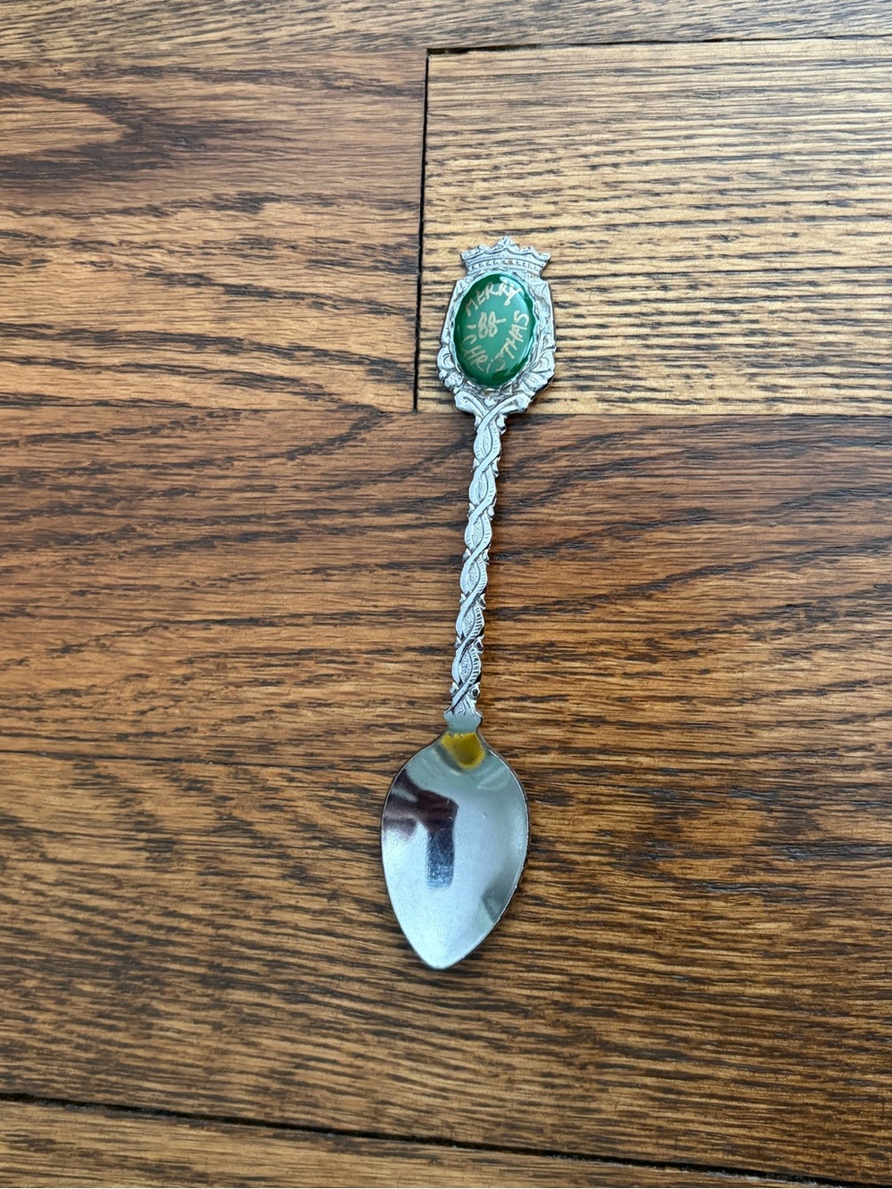 Vintage 1988 Merry Christmas Silver Green Collectible Holiday Spoo